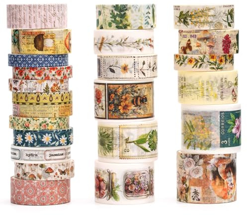 Songdao 24 Rollen Washi Tape Set im Vintage-Stil, 6 Breiten beschreibbares Dekoratives Masking Tape Bastelklebeband für Bullet Journal, Scrapbooking, Geschenkverpackung & DIY Basteln