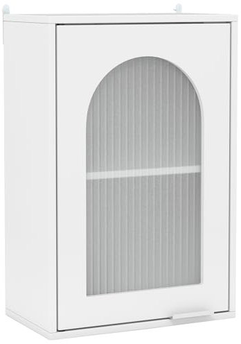 COSTWAY Bathroom Wall Cabinet, Wooden Storage Cupboard with Tempered Glass Single Door and Adjustable Shelf, Wall Mounted Medicine Cabinet Bathroom Unit for Living Room Kitchen Hallway (White)