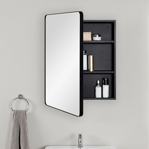 Fundin Stahl-Badezimmer-Spiegelschrank mit Stauraum - Einzeltür, verstellbare Regale, Matt Schwarz, Aufputzmontage - 50 x 65 cm