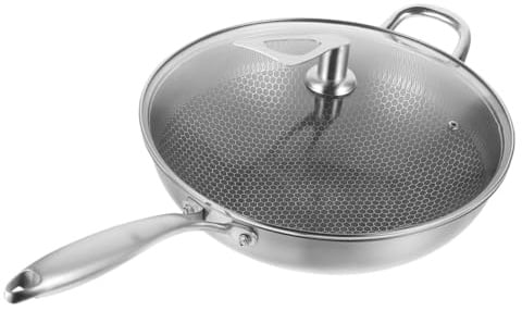 DOITOOL Padella Wok in Acciaio con Fondo Nido Antiadherente Pentola Pesante per Cucina Induzione con Coperchio e Manico Ergonomico Facile da Pulire e Resistente