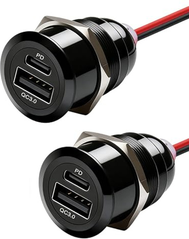Toma USB 12V Camper Aluminio Doble Puerto de Carga Rápida PD 12W y QC3.0 12W para Coche Autocaravana Barco Camión Caravana Autobús