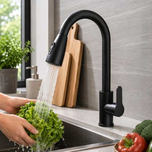 TVTIUO Black Kitchen Tap, Kitchen Mixer Taps with Pull Out Sprayer, Swivel Spout with 2 Modes Spray, Single Handle for Easy Control