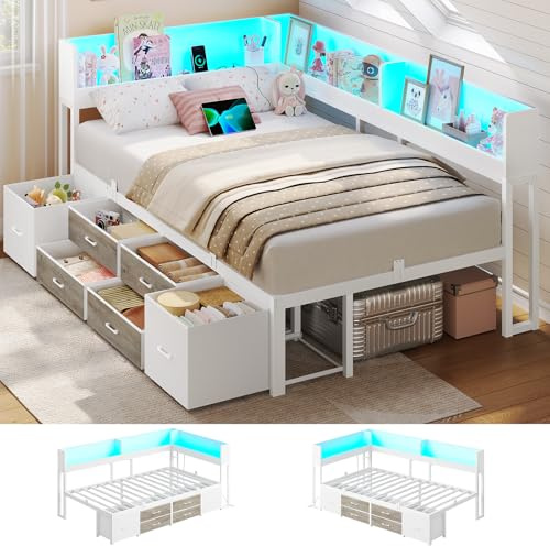 AOGLLATI Bett 90x190 mit Stauraum Schlafsofa mit Integriertem Bücherregal & 6 Schubladen,Jugendbett mit LED-Beleuchtung & Ladestation Gästebett Tagesbett Bettgestell mit Lattenrost(Weiß, 90x190cm)