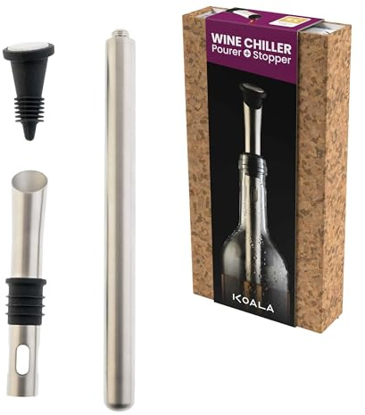 KOALA Enfriador de Botellas de Vino Premium, Accesorio 3 en 1 | Barra Enfriadora de Acero Inoxidable con Gel Congelante Interior, Vertedor Antigoteo y Tapón Hermético