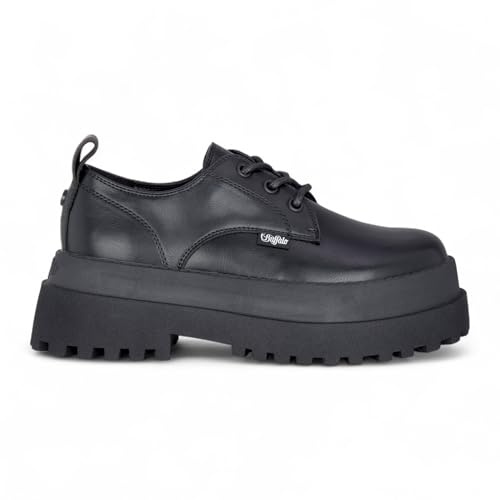 Buffalo Pluto Stiefel Damen Schwarze vegane Leder Schnürschuhe mit klobiger Plateausohle im Derby-Stil