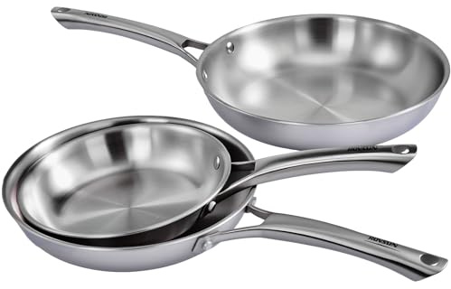 ROVSON 3-Piece Stainless Steel Frying Pan Set, Induction Hob Pan Set, Polished, Riveted, Dishwasher Safe, 20/24/28cm, Great for Daily Cooking