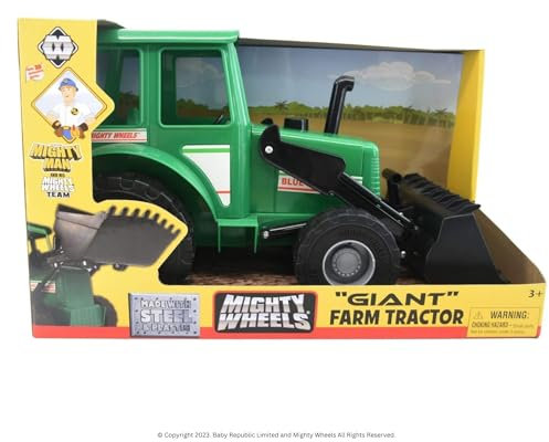 Mighty Wheels Steel Green Tractor Toy 16 - Large Free-wheeling Toy Tractor with Movable Front End Loader - Durable Steel and Plastic Childs Farm Toys for 3+ Year Old Boys and Girls
