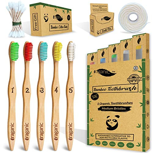 Eraganic Bambus Zahnbürsten 5er Pack Holzzahnbürste mit reinem Bambus-Holz Bambuswatteknospen und Zahnseide als Geschenk Biologisch abbaubar Zahnbürsten100% frei von BPA | Bunte und weiche Borsten