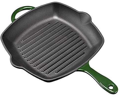 Navaris Cast Iron Griddle Pan - Enamelled Cast Iron Grill Pan for Frying and Grilling Meat and Veg - Square Grilling Skillet - Green, 27cm
