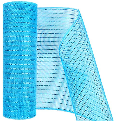 MIKIMIQI Deko-Mesh-Band mit Metallfolie, 25,4 cm x 9,1 m, Deko-Mesh-Band mit Metallfolie, Kranz, Zubehör, Drahtband, Netz-Rolle für Frühlingskränze, Girlanden, Handwerk, Party-Dekoration (blau)