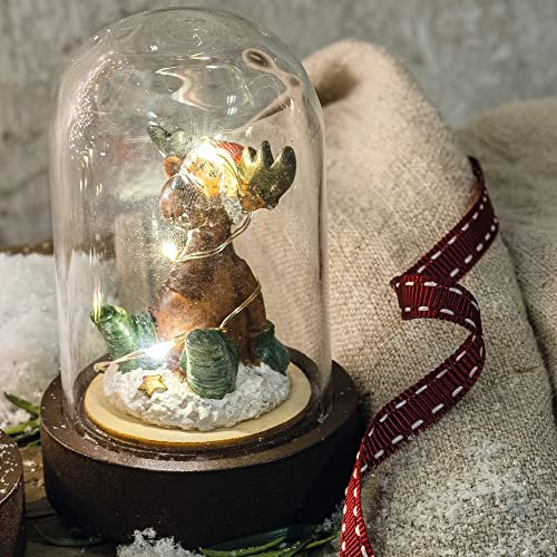 Hellum LED Glasglocke Deko, Weihnachtsdeko mit Rentier, Weihnachtsbeleuchtung innen mit Batterie (1xCR2032), warmweiß licht, braun, ø5.5 x H 9cm 524635