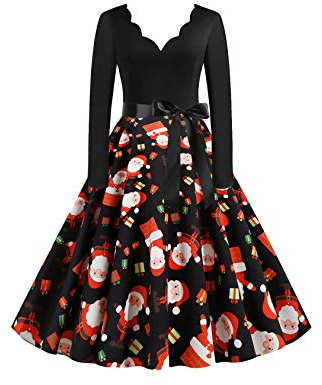 EFOFEI Women Hepburn Long Sleeve Dress Christmas Line Up Dress Cocktail Party Evening Dress Knee-Length Dress BLK M