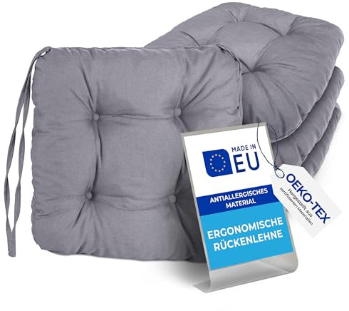Pillows24 – 4X Sitzkissen Outdoor 40x40 – Extra Dicke 8cm – Wasser- & UV-beständig + Bändern | Bequeme Stuhlkissen, Stuhlauflage Sitzpolster, Sitzauflage Gartenstuhl | Sitzkissen Stuhl (grau)