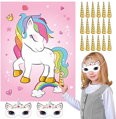 NEBURORA Pin The Horn on The Unicorn Birthday Game with 30 Horns for Unicorn Party Supplies Favors Girls Rainbow Party Decorations Home Wall Decor