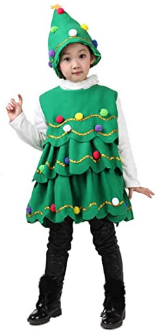 Proumhang Mädchen Weihnachtsbaum Kleid Kostüm, Kleidung Zubehör,Xmas Tree Hut und Kleid,Weihnachten Performance Show Cosplay Dress Up 130cm