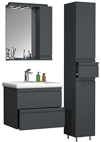 VCM 4-TLG. Waschplatz Waschtisch 60 cm Badmöbel Set Waschbecken grifflose Schublade Spiegelschrank Hochschrank Silora L Anthrazit