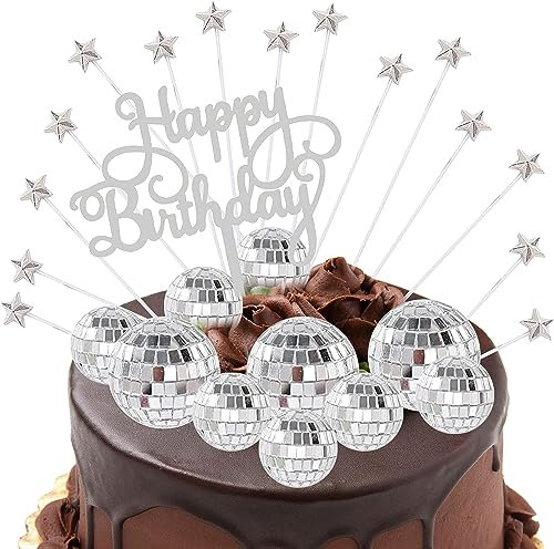 26 PCS Discokugel Kuchen Toppers, 1970er Disco Ball Kuchen Dekorationen Kuchen Toppers Cupcake Toppers Geburtstagsparty Zubehör Kuchen Topper Reflektierende Glitter Kuchen Dekoration Toppers