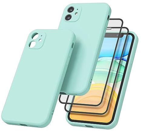 AK Funda para iPhone 11 con 2Piezas Protector de Pantalla Cristal Templado,Funda de Liquida Suave Silicona para iPhone 11 Carcasa Protectora Anti-Choque Case(Cian Claro)