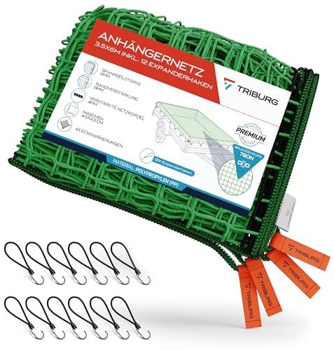Anhängernetz 3,5x6 [DEKRA Geprüft] inkl. 12x Expander Haken - Anhänger Netz mit Eckmarkierungen und Randverstärkung inkl. 12x Gummispanner mit Haken