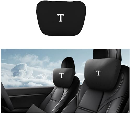 Powlamks Sitz-Kopfstützenkissen, TES la Nackenkissen, entworfen für Tesla Model Y/3, Nackenstützkissen, echtes Nappaleder, unsichtbarer Gurt (schwarzes Logo, 1 Stück)