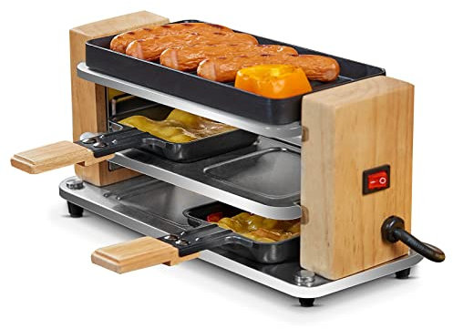 COKLAI Raclette Grill 2 Personen mit Antihaft beschichteter gestreifter Grillplatte, Mini Grill Raclette mit 2 Pfannen und Holzspatel, Naturholz Raclette 300 Watt