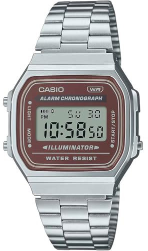 Casio Digitale Unisex-Armbanduhr mit braunem Zifferblatt, A168WA-5AYDF, Silber, Antik