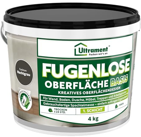 Ultrament Fugenlose Oberfläche - Basis Nachtgrau 4 kg – Kreative Oberflächengestaltung für fugenlose Wand- und Bodenflächen, gebrauchsfertig und wasserfest