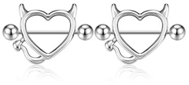 PiercingJak 2PCS Piercing Téton Mamelon Coeur Acier Inoxydable Femme Forme Démon Anneaux Mamelon Téton Anneaux de Téton 16Ga Bijoux de Corps Femme Sexy Punk-Argent