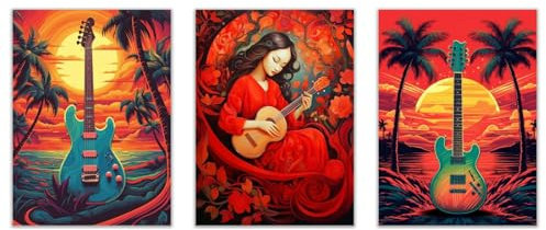 veces Musik Wand Kunstdruck Abstraktes Leinwand Bilder, Abstrakte Sunset Gitarren weiblich Wandbild Kunstdruck Wanddeko Wanddekoration Deko Kunst Modern Textur für Büro - 50x70cmx3 Ungerahmt