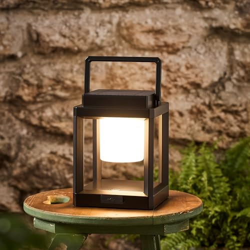 Lights4fun Farolillo Solar de 22 cm Color Negro con LED Blanco Cálido Recargable por USB para Jardín y Exterior