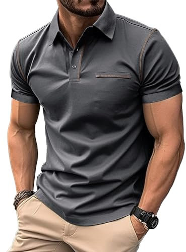 MakingDa Mens Slim Fit Short Sleeve Polo Shirts Stretch Lightweight Plain Collared Shirts Athletic Wicking Breathable Work Golf Walking Classic Soft Summer Tee Top Deep Grey L