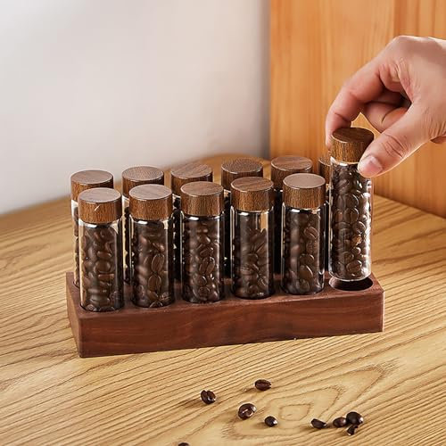 Walnuss Massivholzsockel Kaffeedosen 12 Röhren Kaffeebohnen-Aufbewahrung aus Holz für einzelne Portionen, Glasfläschchen mit Deckeln, Behälter-Displayständer