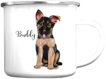 Wandtattoo Loft Campingbecher Emaille Hund Deutscher Schäferhund mit Wunschname Emaille Tasse personalisiertes Geschenk, silber