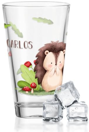GRAVURZEILE Wasserglas mit UV-Druck - Tiergruppe Wald Design - Personalisiert mit Wunschname - Geschenke für Jungen & Mädchen Kinder zum Geburtstag Einschulung - Geeignet als Trinkglas - Igel