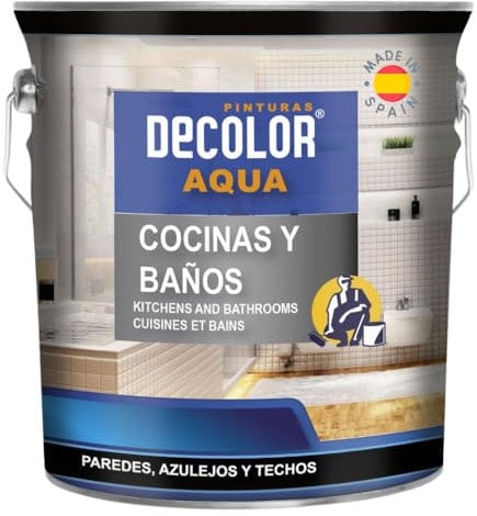 PINTURAS DECOLOR - Cocinas y Baños. Pintura Satinada al Agua para Azulejos, Paredes y Techos.(GRIS SUAVE) 750ml