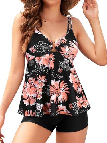 SHEKINI Push up Damen Tankini Set Bauchweg Elegant Tankini Oberteil mit High Waist Badeshorts Zweiteiler Badeanzug Beachwear Bademode(XL,Schwarz Y)