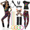 Ulikey Deguisement Annee 80 Femme, Deguisement Disco 80 90 Femme, Tenue Annee 80 Femme Rétro Accessoires Set, Vêtements Années 80 90 Neon Tenue pour Thème Fête Femmes Carnaval (Noir, M)