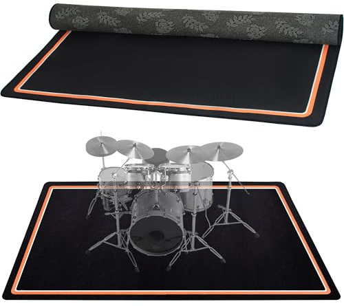 Drum Rug, 4 Ft x 5 Ft Drum Mat Drum Carpet Music Rug with Non-Slip Bottom, Soundproof Electrical Drum Pads for Drummers, Orange and White Border