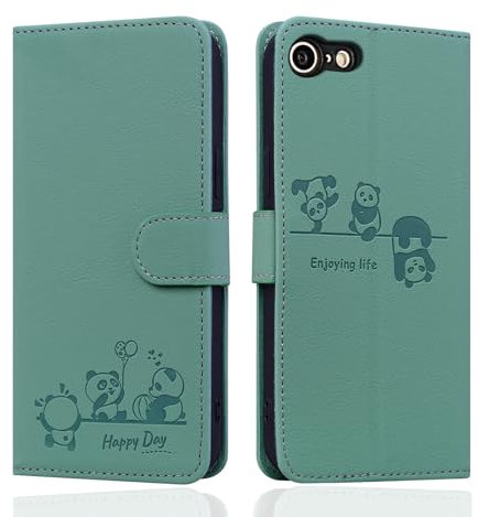 Butnyeoe for iPhone SE 2022/SE 2020 Phone Case, iPhone 8/7 Wallet Case, Leather Magnetic Book Flip Protective Cover with Card Holder,Cute Cartoon Panda Green