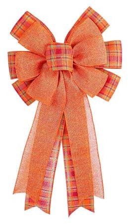Large Fall Bows for Wreath Thanksgiving Orange Pumpkin Leaves Buffalo Plaid Burlap Bows Autumn Door Tree Topper Decor (Orange Plaid, 10in)