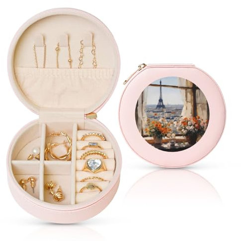 Schöne runde Reise-Schmuckschatulle aus Leder, für Mädchen, Damen (Rosa)