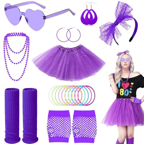 BOZILY 80s Fancy Dress for Women,Neon Accessories for Women with Necklace,Earring,Heart-Shaped Glasses,Lace Bow Headband,Fishnet Gloves,Leg Warmers,Tutu Skirt,for Retro Theme Party
