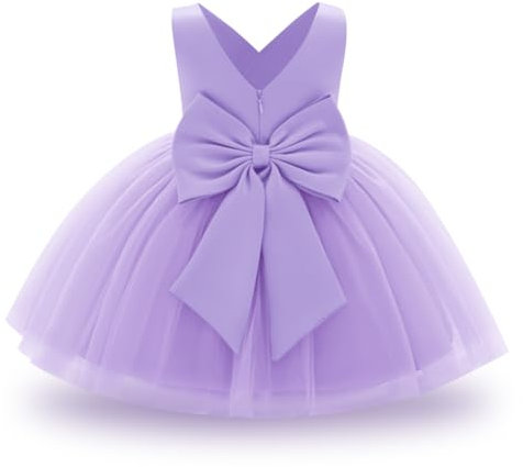 IMEKIS Vestito da bambina per matrimonio, compleanno, senza maniche, scollo a V, volant, in tulle, da principessa, elegante, Natale, da sera, Lilla, 2-3 Anni