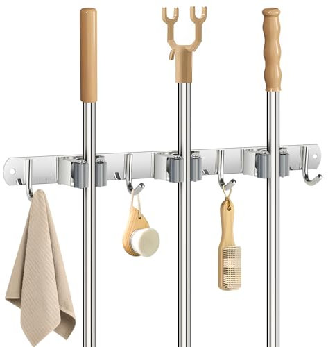 Sampoes Besenhalterung Wand, Besenhalter Edelstahl, Gerätehalter Wandhalterung mit 3 Halter und 4 Haken, Besen Aufhängung Gartengerätehalter, Besen Mop Halter für Badezimmer, Küche, Garage