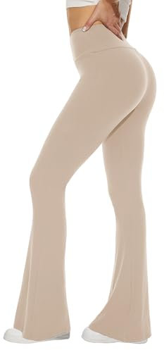 Sundwudu Schwarze Yogahose für Damen – weiche, hohe Taille, Bootcut-Leggings, hohe und Lange Bootleg-Hose für Damen, Khaki, M