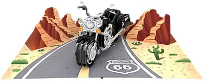 ASVP Shop Motorrad-Abenteuer-Grußkarte – 3D-Pop-Up-Cruiser auf Route 66 mit Berglandschaft