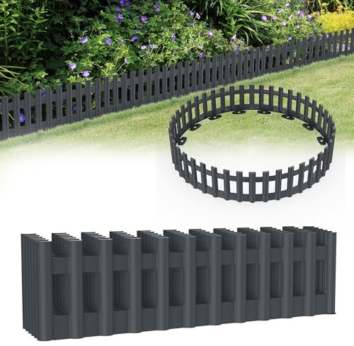 HENGMEI 516cm Holzoptik Rasenkanten Kunststoff Beeteinfassung Beetumrandung in Holzimitation Mähkante 12 stücke Palisaden Gartenzaun, Anthrazit(Element 43cm x 12 cm)