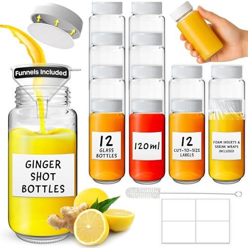 volila Shot Bottles with Lids - 12 Pack 4oz/120ml Reusable Glass Shot Bottles with 12 Round Labels and Pen - Portable and Leakproof