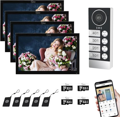 ANJIELO SMART Wired apartment video door intercom system with 4 units, each featuring a 10-inch touch Wi-Fi monitor. Supports indoor and outdoor surveillance, unlocking, (black)