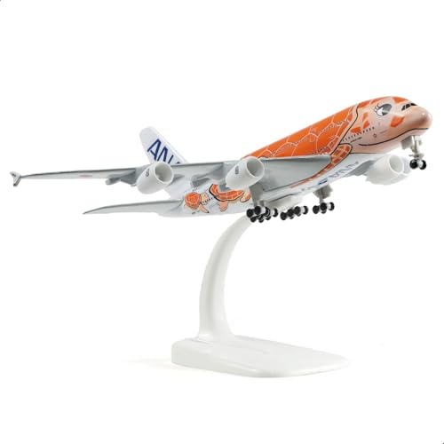 QIYUMOKE 1/300 ANA A380 Orange Turtle Metall Flugzeugmodell mit Ständer | für Airbus A380 Modellflugzeug aus Diecast Metall,Sammlermodell mit Displayständer, ideales Luftfahrt Geschenk für Erwachsene